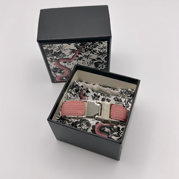 GUCCI Silver And Pink Snake Print Leather Bangle Cuff Bracelet - Picture 10 of 13